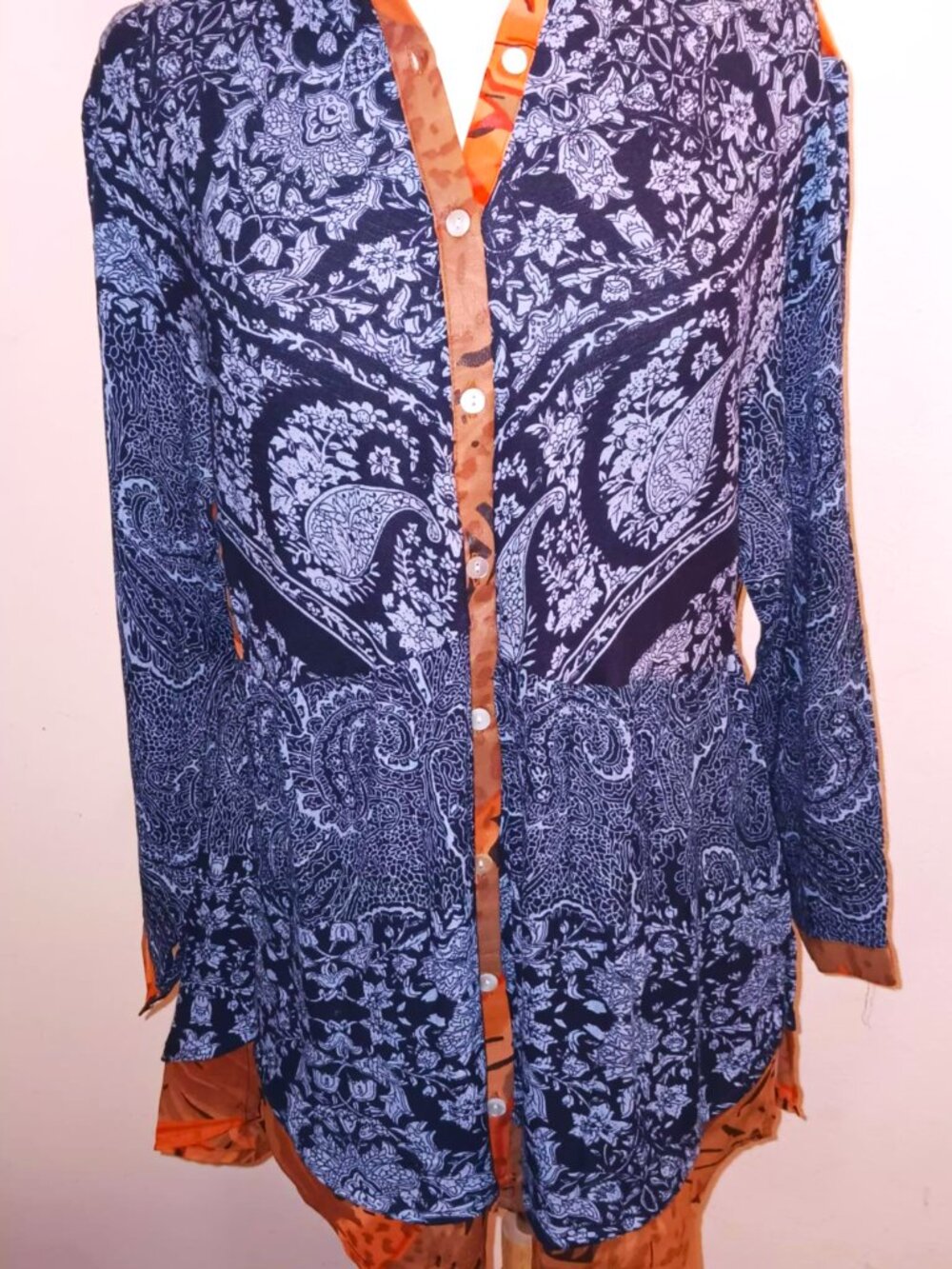 NWT Amanda Blu paisley and floral semi-sheer tunic in blue, orange and brown.
